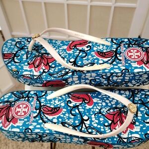 Tory Burch Wedge Flip Flop Sandals PVC/Multi-Colored Enamel Logo Sz 9